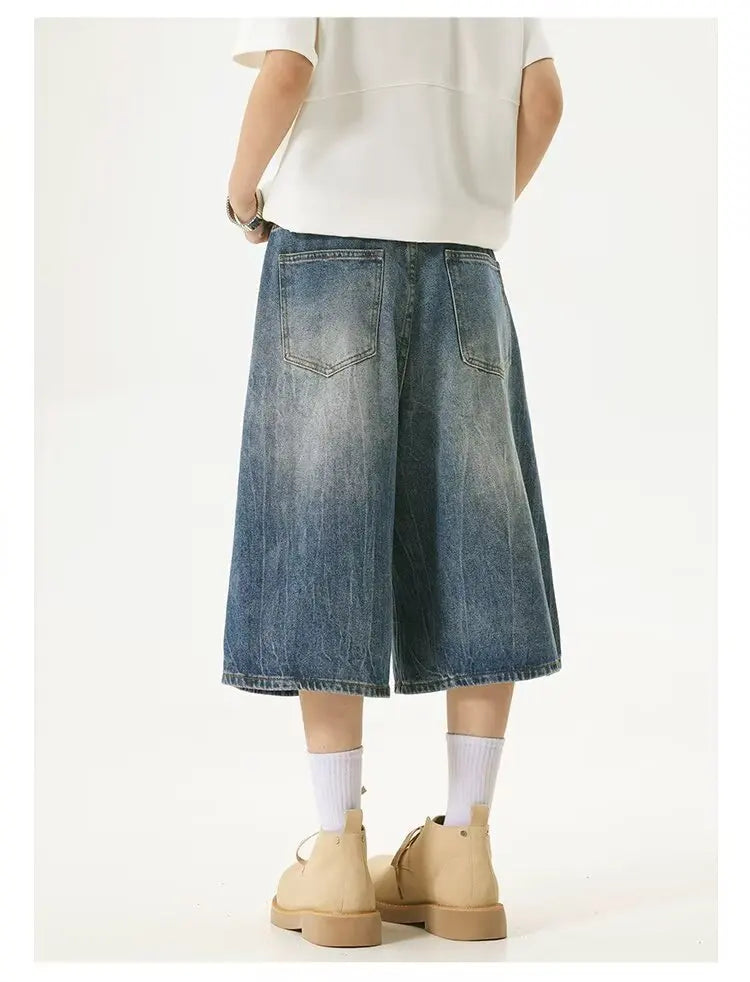 American High Street Lightning Jeans Men's Straight Leg Wide Leg Hip Hop Cool Retro American Seven-Foot Blue Shorts