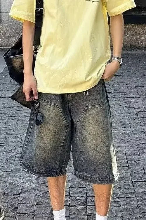 American Style Vintage Men's Denim Shorts Streetwear Straight-Leg Wide-Leg Distressed Casual Pants Trendy Summer Wear