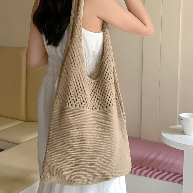 New Trend Women's Bag Crochet Handbag Retro Knitted Braid Solid Color Hollow Black Khaki Top-handle Tote Bag Shopper