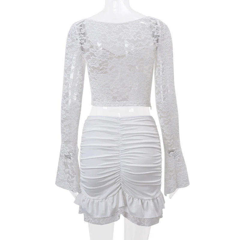 WhereMery French Elegant Y2K Lace See-through Long Sleeve Crop Top and Ruched Slim Skinny Mini Skirt Fashion Women's 2 Piece Set