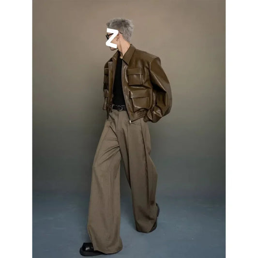 2024 Autumn/Winter New Trendy Korean Style Niche 3D Cutting Design Casual Leather Jacket Top Other Slim Fit Streetwear