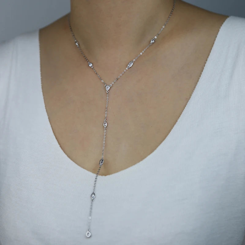 American Fashion Micro pave Water Drop Bezel Oval CZ Station Link Chain Long Sexy Ladies Y Lariat Necklace Collarbone Jewelry