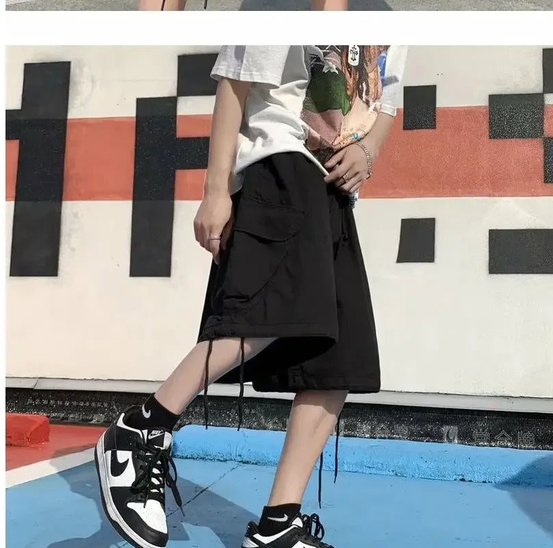 Khaki 7-point Men Summer Thin Japanese Workwear Wide-leg Loose Over-knee Shorts