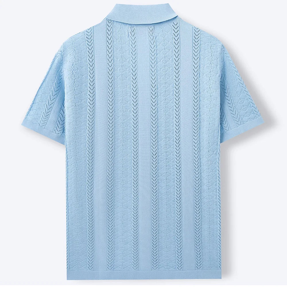 2025 Summer Men's Striped Hollow Solid Color Short Sleeve Knitted POLO Shirt Retro Casual Fashion Trend Simple Loose Men's Tops