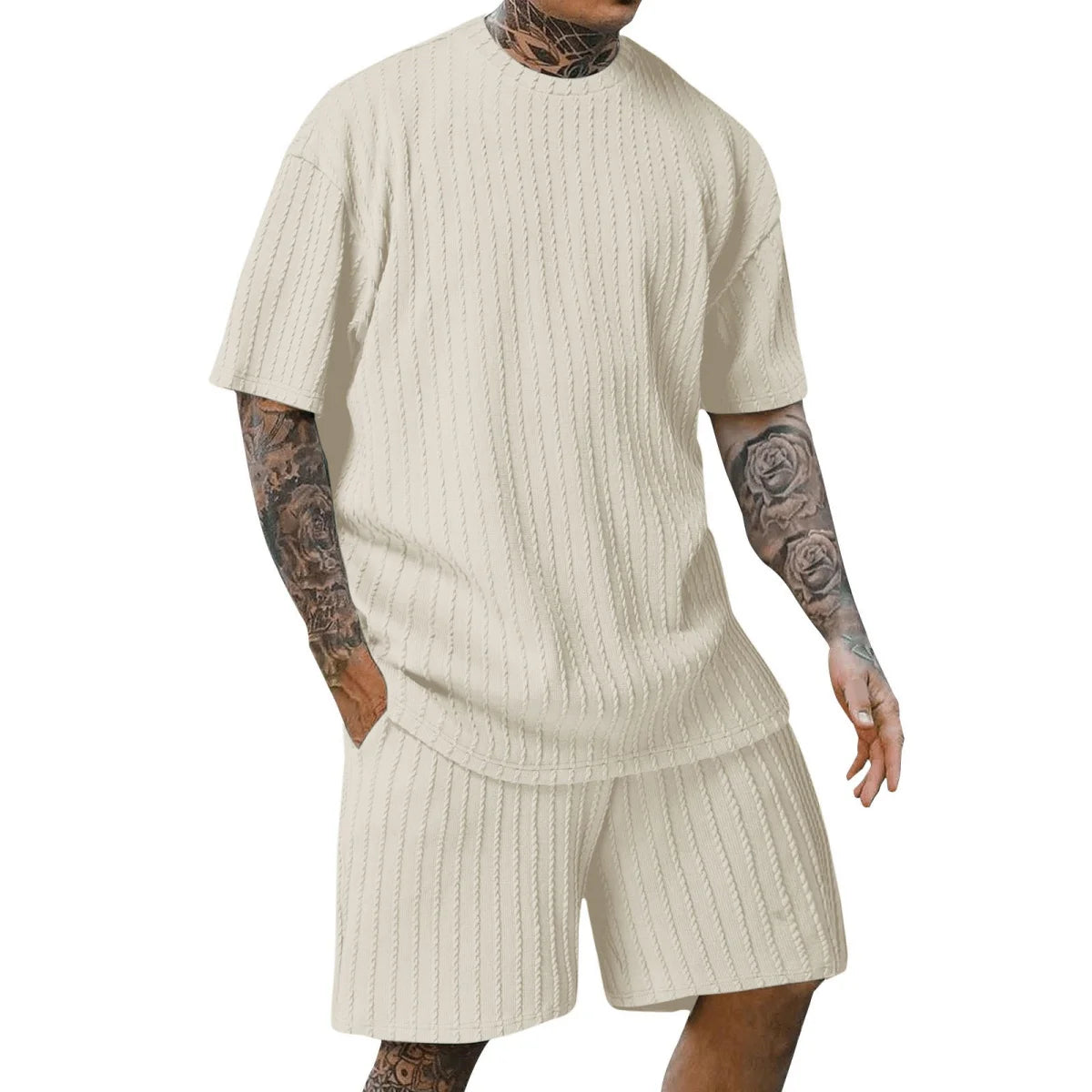 Men's new fashion summer sports solid color crew-neck vertical stripe T-shirt shorts short-sleeved suit Loose two-piece set