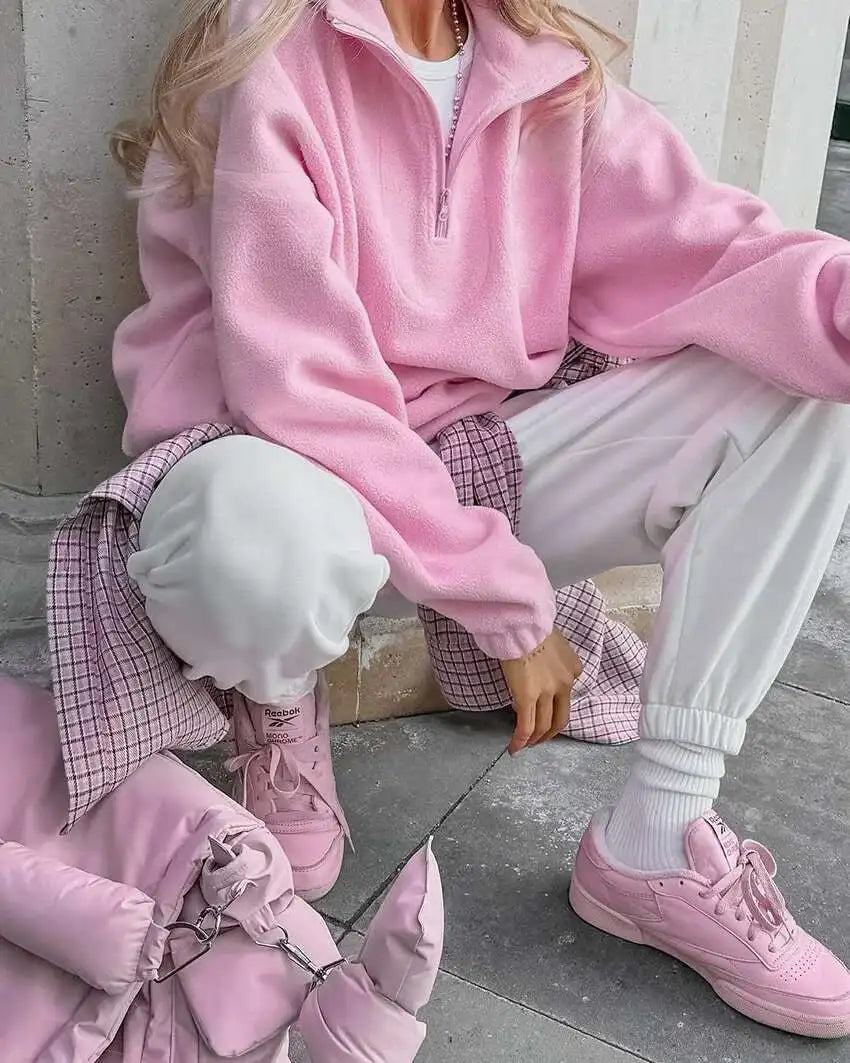 UCXQ Fashion Pullover Sweatshirt European Style Solid Color Long Sleeve All Match Loose Casual Top Women 2025 Spring Autumn 1497
