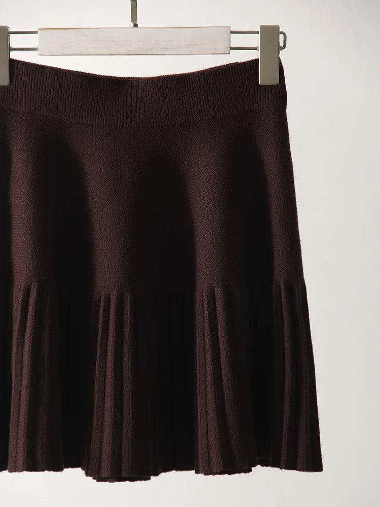 Knitted Pleated School Skirt Women Spring Winter Sexy A-line Women's Skirt Solid Casual High Waist Short Skirts For Woman Black