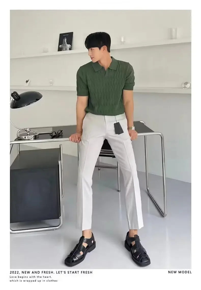 Summer New Light Maturity Knitted Polo Shirt Men's Korean Style Slim Fit Collar Pure Color Casual T-Shirt Cross-Border