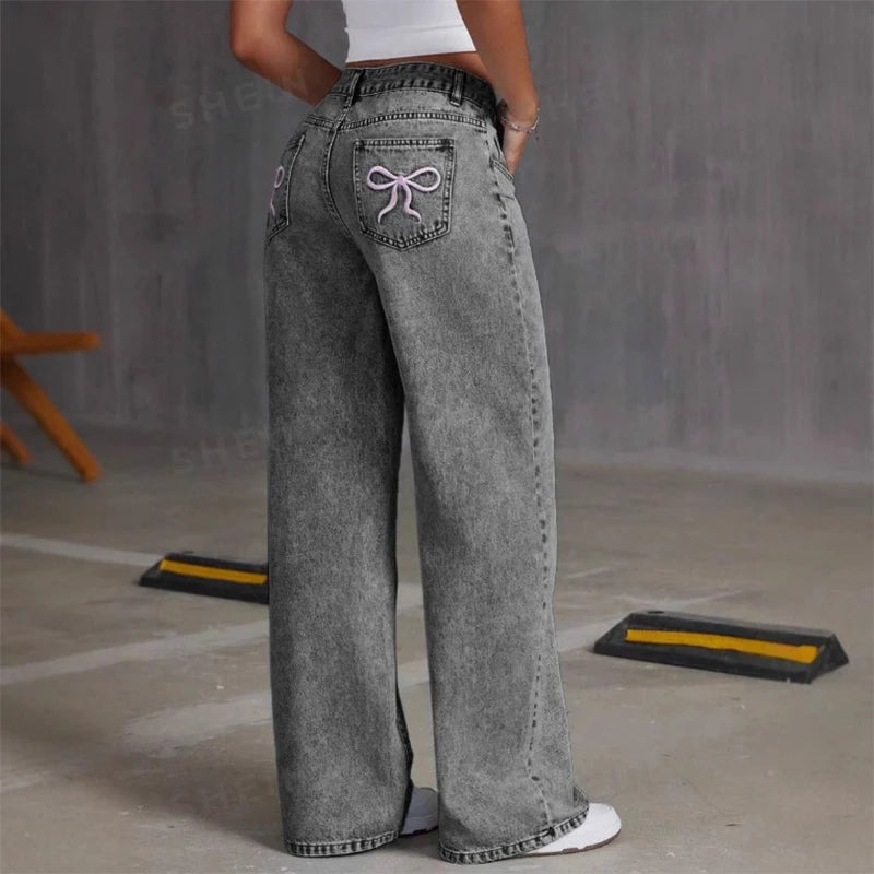 Women Wide Leg Boyfriend Jeans Straight Hip Hop Bow Embroidery Denim Pants Low Waist Baggy Jeans Casual Loose Jeans Streetwear