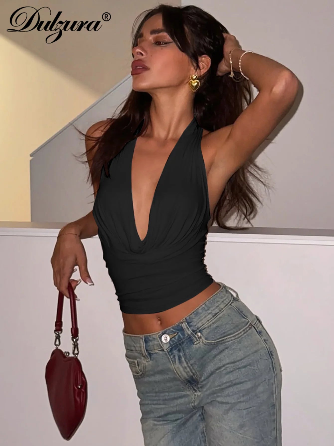 Dulzura Halter Swinging Collar Sleeveless Backless Bodycon Tank Top Solid Sexy Casual Y2K Tops Party Club Street Summer Clothes