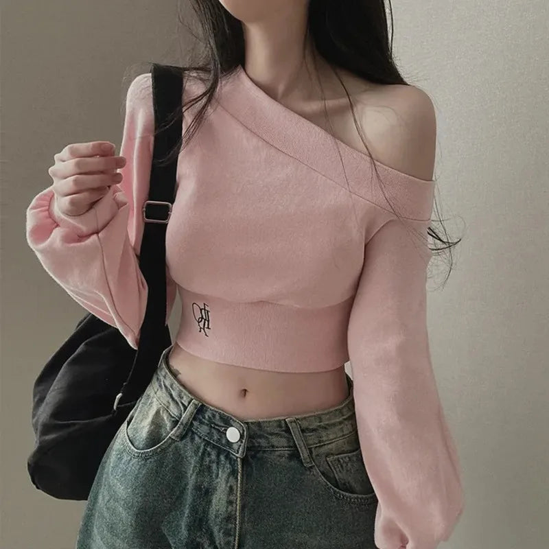 2025 Spring New Irregular Skew Collar Hoodies Women Sexy Fashion Sweatshirts Long Puff Sleeve Short Solid Slim Pullover Tops