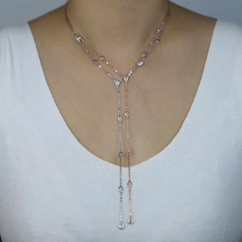 American Fashion Micro pave Water Drop Bezel Oval CZ Station Link Chain Long Sexy Ladies Y Lariat Necklace Collarbone Jewelry