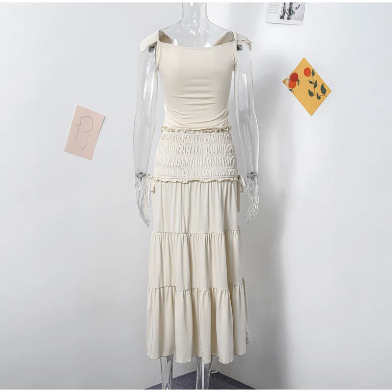 Fashion Solid Folds Long Skirt Sets For Women Summer Sexy Off Shoulder V-neck Cropped Tops High Waist Long Skirts 2 Pieces Sets