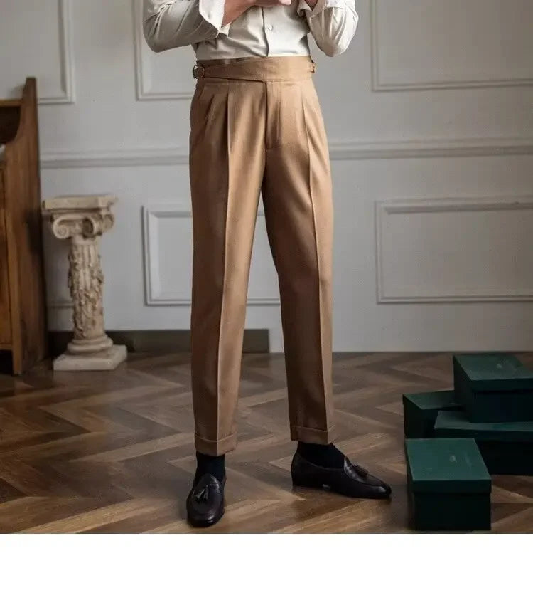 High-waisted Casual Straight-leg Suit Pants For Men Autumn Vintage Draped Waist Trousers Naples Retro Style Business Formal Wear