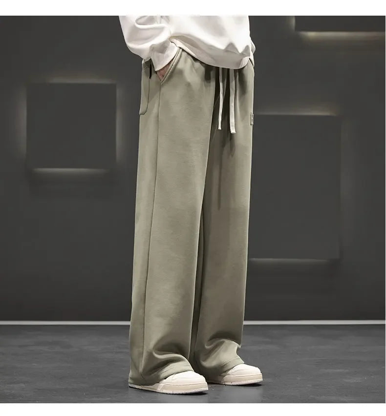 Autumn New Men Knitted Sports Pant Steel Stamp Printing Wide Leg Casual Trousers Straight Solid Lightweight Cotton Fabric Unisex