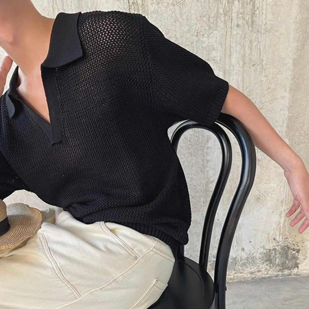 Summer New Men's Hollow Solid Color Knitted Short-Sleeved T-Shirt Retro Fashion Trend Casual Simple Loose Breathable Men's Tops