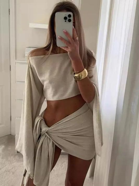White Elegant Women Summer Vacation Cotton Linen Crop Top 2 Piece Set Fashion White Mini Skirt Suits New Lady Beach Outfits