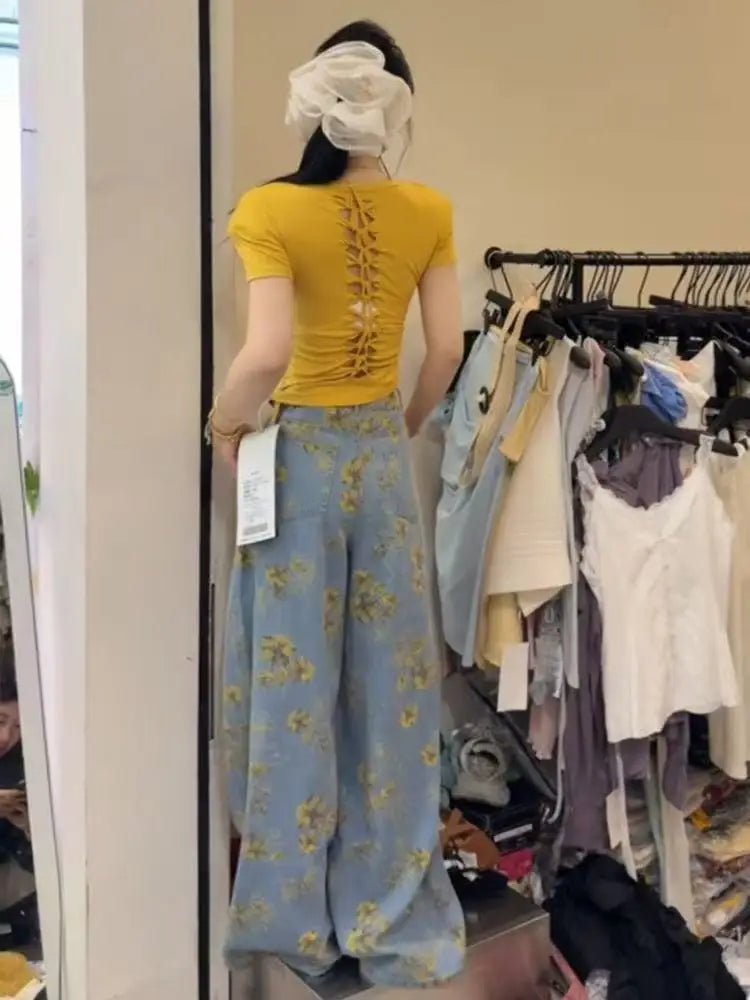 New High Waist 2025 American Retro Plant Flower Print Ladies Commuter Wide-leg Jeans Youthful and Beautiful Out of The Street