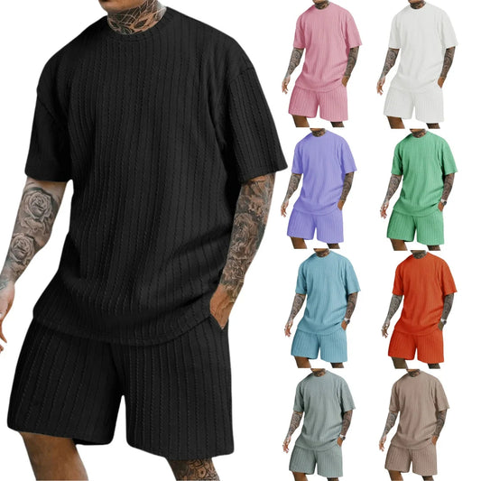 Men's new fashion summer sports solid color crew-neck vertical stripe T-shirt shorts short-sleeved suit Loose two-piece set