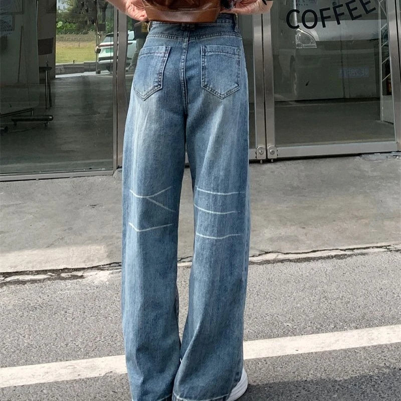 Vintage Baggy Jeans Womens' Loose-Fit Denim Pants Lightweight Bell Bottom Jean Retro Ladies' Denim Trousers Pockets Wide Pants