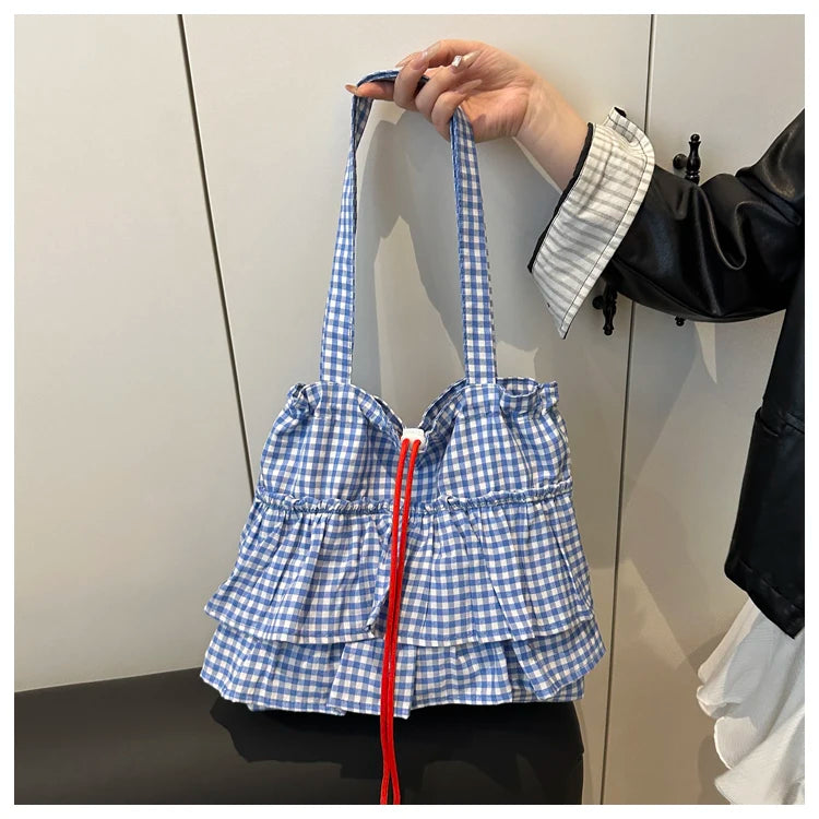 Korean Sle Large Capaci Canvas Tote Bag Blue Plaid Single oulder Skirt Pleated Gown Bag Faionable Casual Handbag