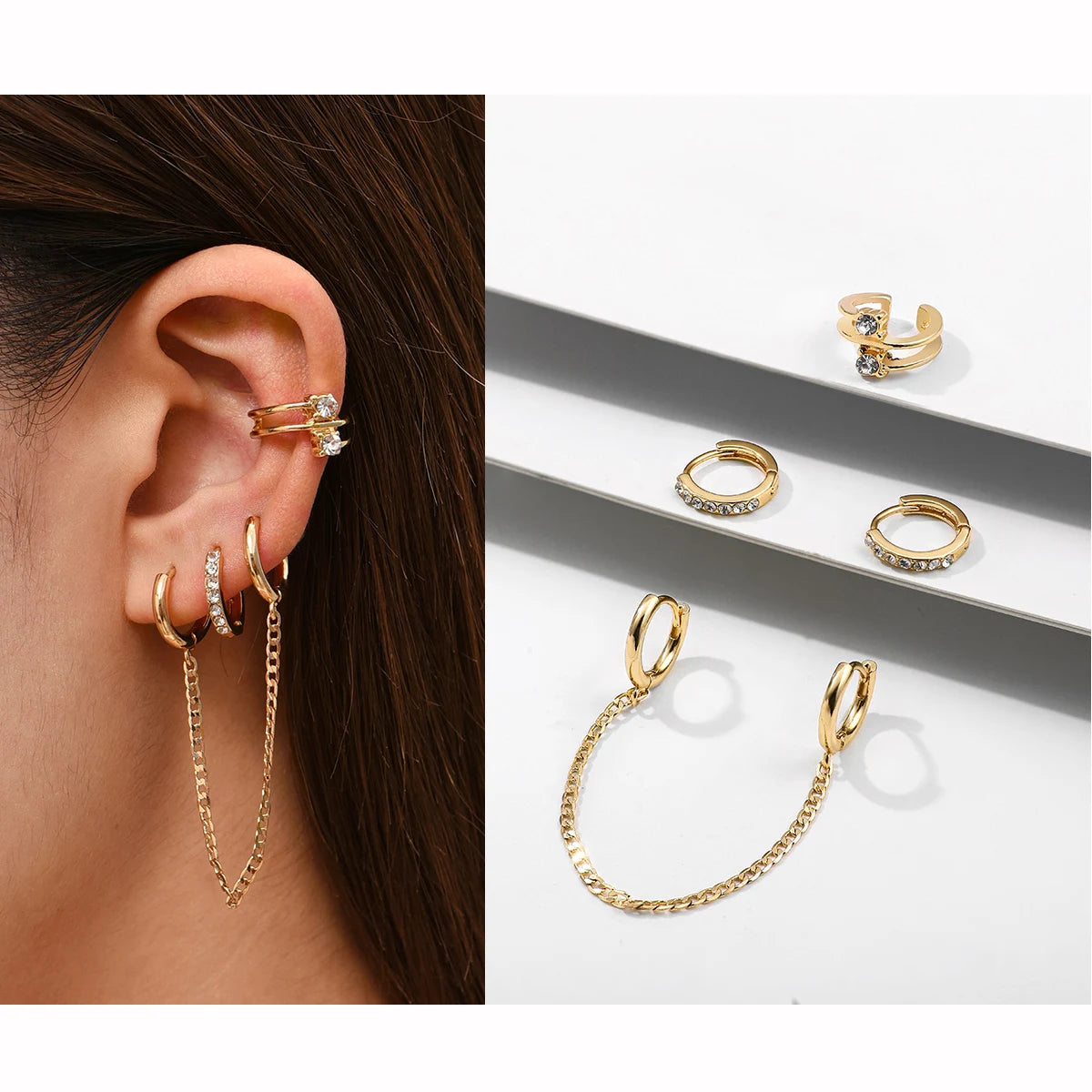 Punk Rock Helix Fake Cartilage Ear Cuff with Long Chain Circle Hoop Earrings Set for Women Tiny Piercing Huggie Earring Jewelry