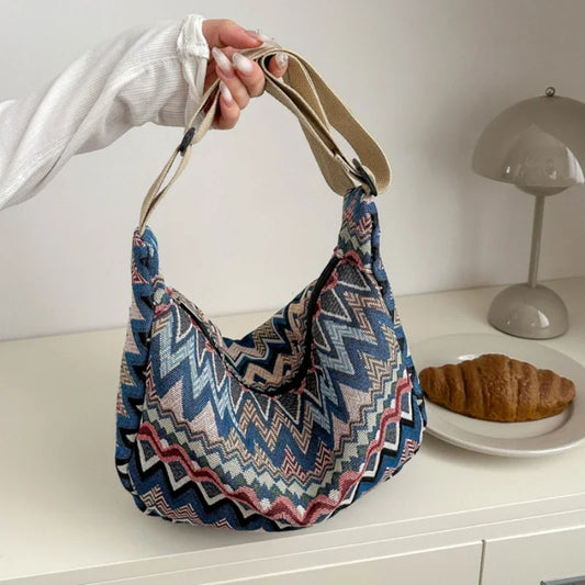Wave Pattern Design Crossbody Bag for Women New Large Capacity Canvas Shoulder Bag Versatile College Students Dumplings Bag
