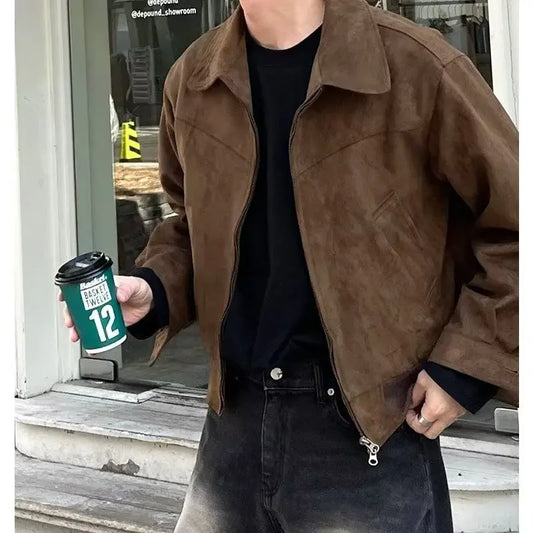 Retro High Street Suede Short Jacket Men Loose Stylish Motorcycle Collar Flight Casual Jacket Spring Autumn Fashionable Versatil