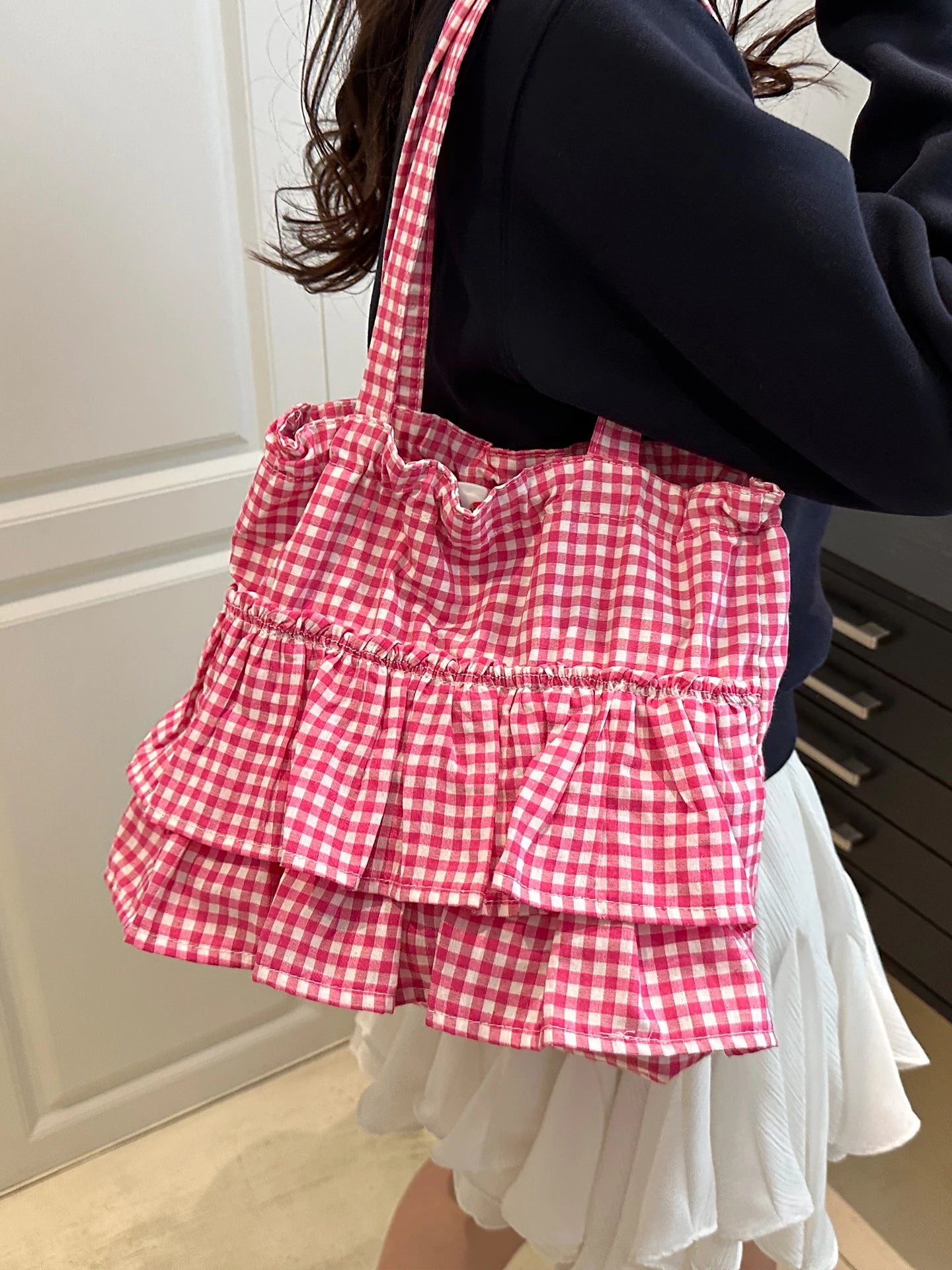 Korean Sle Large Capaci Canvas Tote Bag Blue Plaid Single oulder Skirt Pleated Gown Bag Faionable Casual Handbag