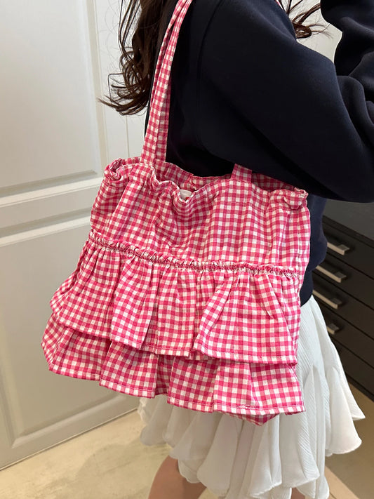 Korean Sle Large Capaci Canvas Tote Bag Blue Plaid Single oulder Skirt Pleated Gown Bag Faionable Casual Handbag