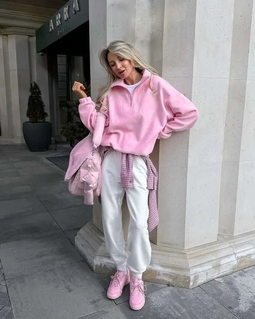 UCXQ Fashion Pullover Sweatshirt European Style Solid Color Long Sleeve All Match Loose Casual Top Women 2025 Spring Autumn 1497