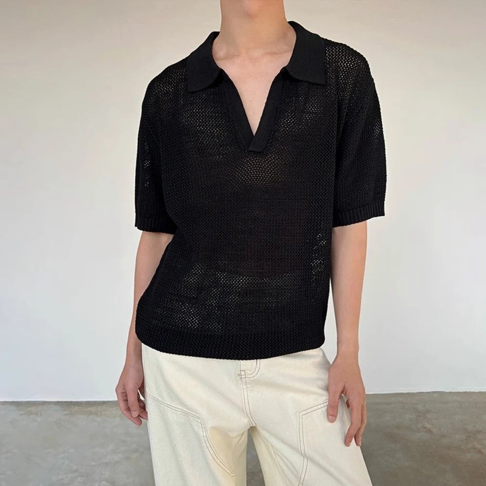 Summer New Men's Hollow Solid Color Knitted Short-Sleeved T-Shirt Retro Fashion Trend Casual Simple Loose Breathable Men's Tops