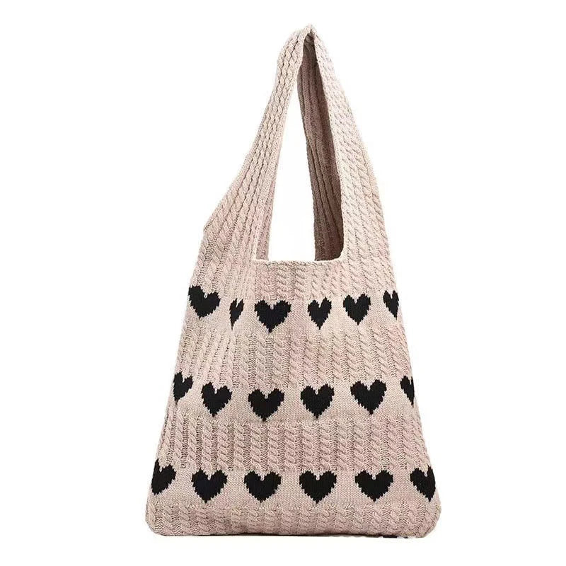 Women Knitted Bag Woven Love Heart  Pattern Wool Portable Shoulder Bag Shopping Bags Workers Students Daily Commuter Bags