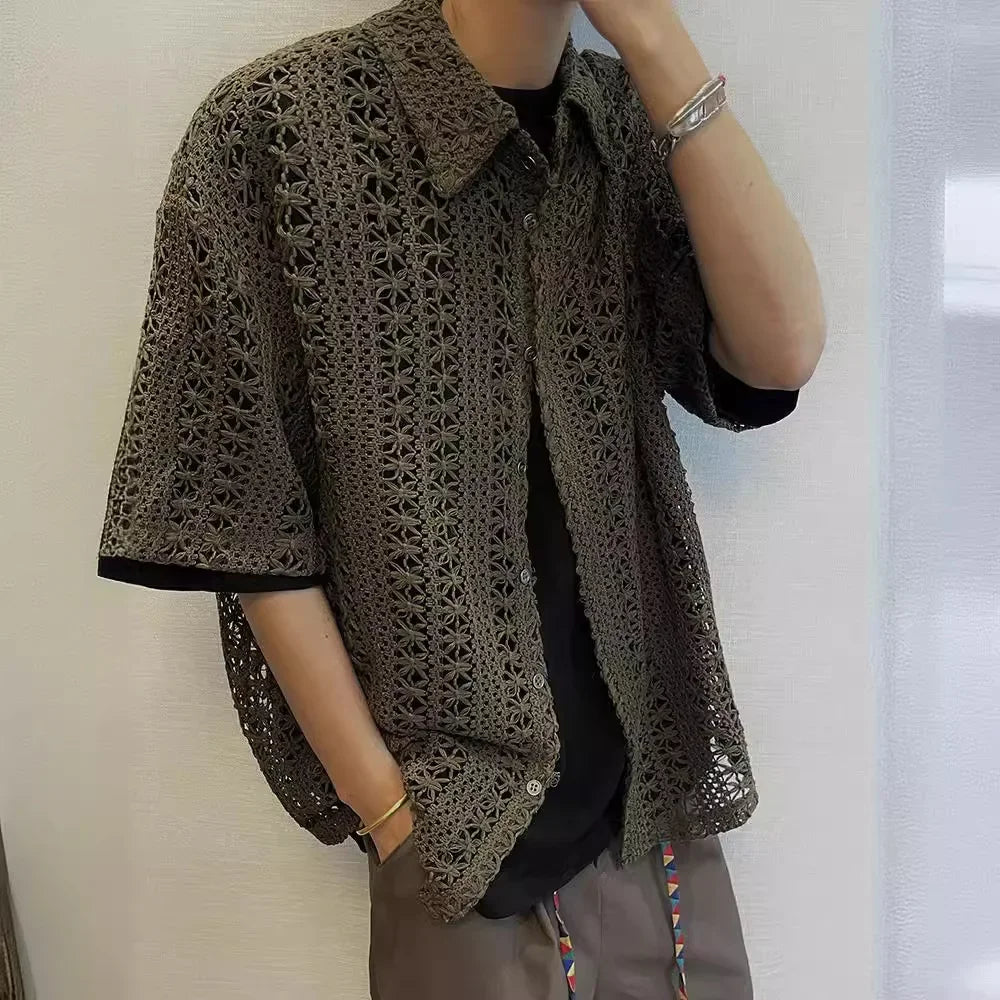 Summer American Style Vintage Distressed Versatile Military Green Knit Hollow Breathable Loose-fit Casual Short Sleeve Shirt Men