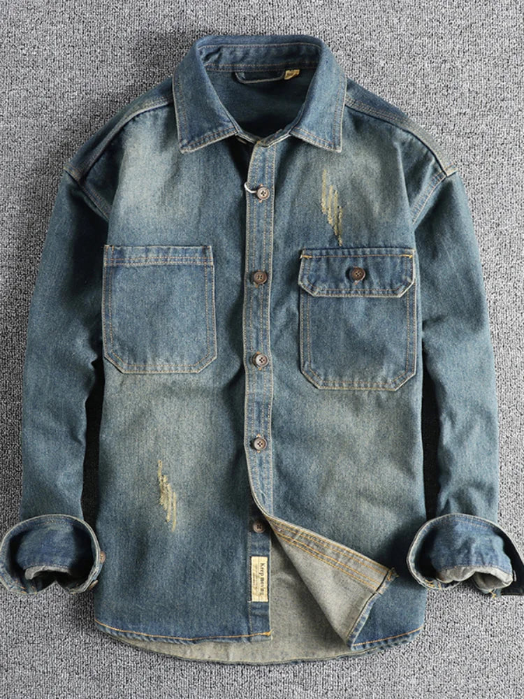 Sping New Japanese Retro High Quality Denim Cargo Shirt Men's Fashion 100% Cotton Washed Old Thick Double Pocket Casual Jacket