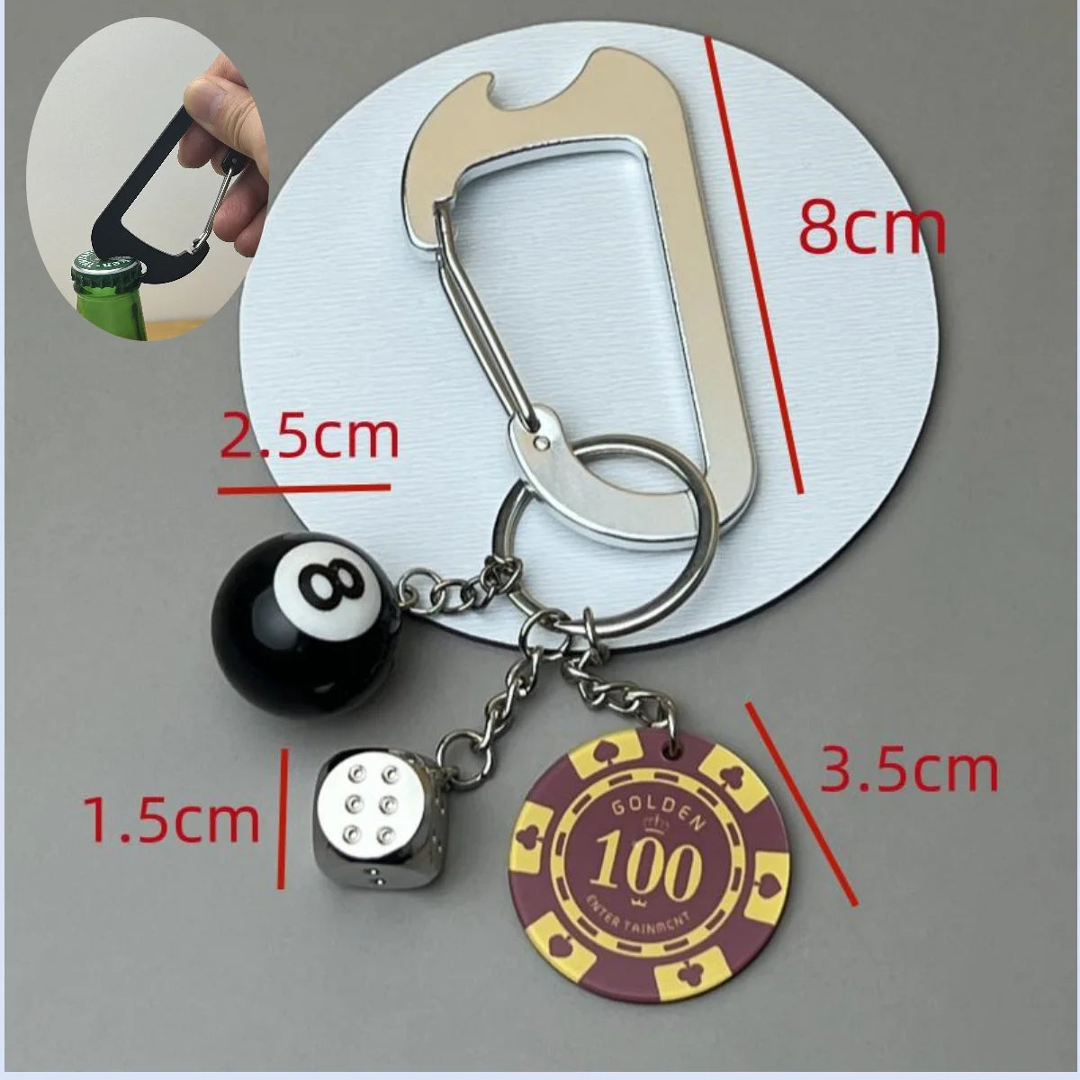 Fashionable Multi functional Keychain Casino Style Lucky Dice Black 8 Lucky Chip Pendant Mountaineering Buckle Bottle Opener