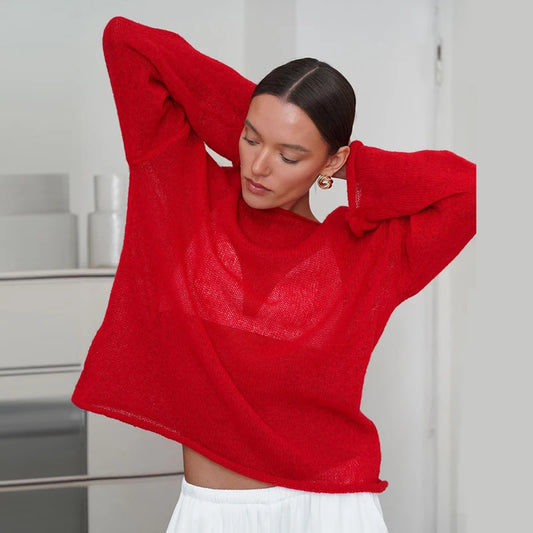 MSCSZ Red Long Sleeve Oversized Sweater Women Transparent Knitted Sweater 2025 Spring Autumn Cozy Sweaters Pullover Tops