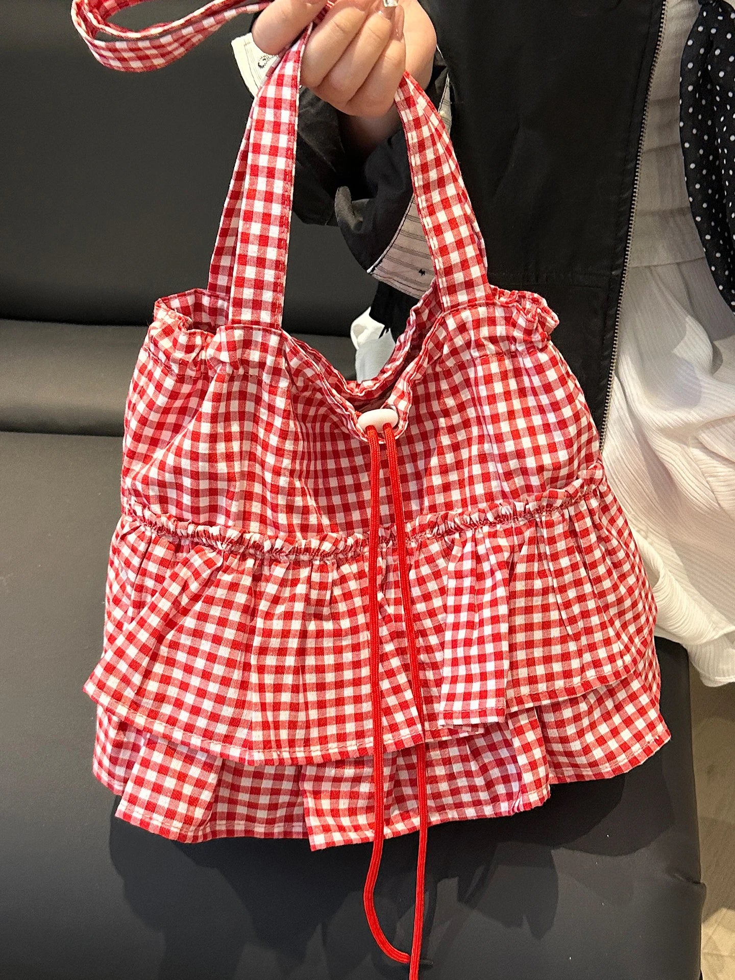 Korean Sle Large Capaci Canvas Tote Bag Blue Plaid Single oulder Skirt Pleated Gown Bag Faionable Casual Handbag