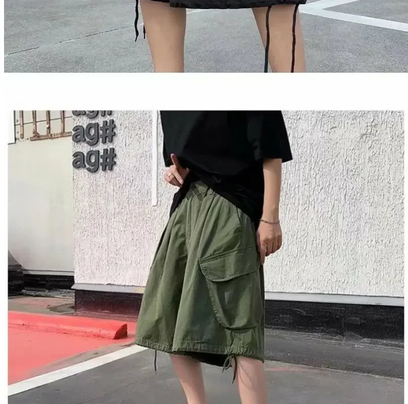 Khaki 7-point Men Summer Thin Japanese Workwear Wide-leg Loose Over-knee Shorts