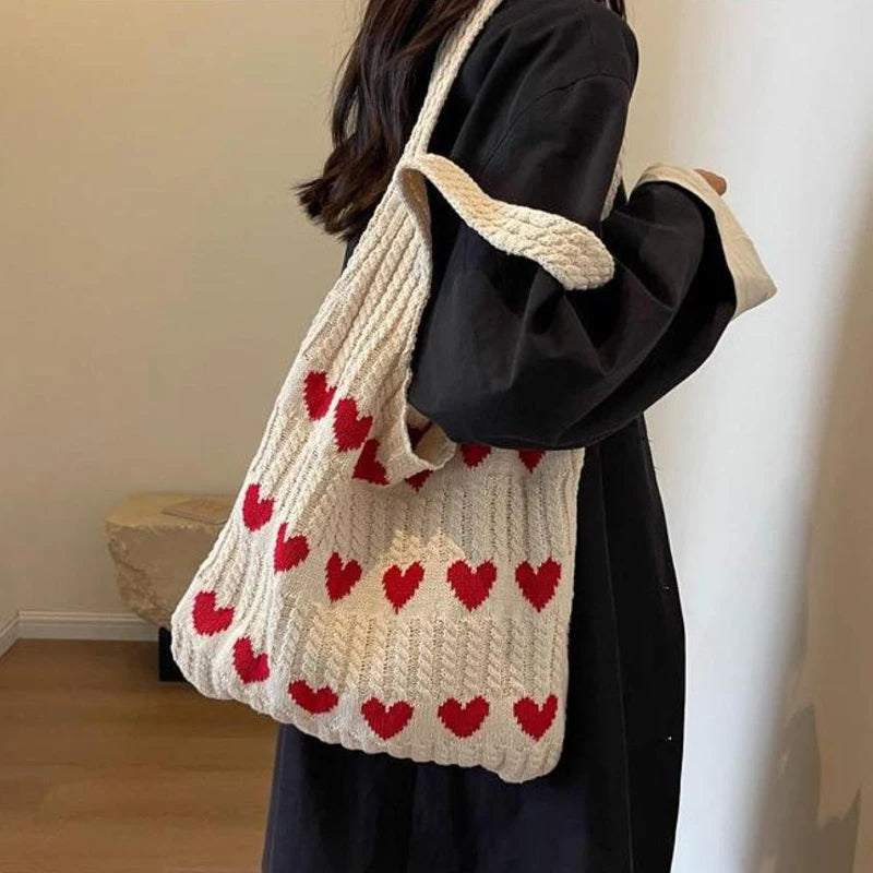 Women Knitted Bag Woven Love Heart  Pattern Wool Portable Shoulder Bag Shopping Bags Workers Students Daily Commuter Bags
