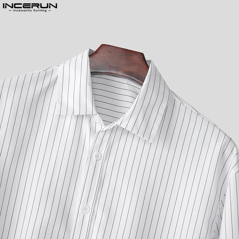 INCERUN Tops 2025 Korean Style Men's Casual Simple Striped Cropped Shirt Fashion Streetwear Male Hot Selling Long Sleeved Blouse