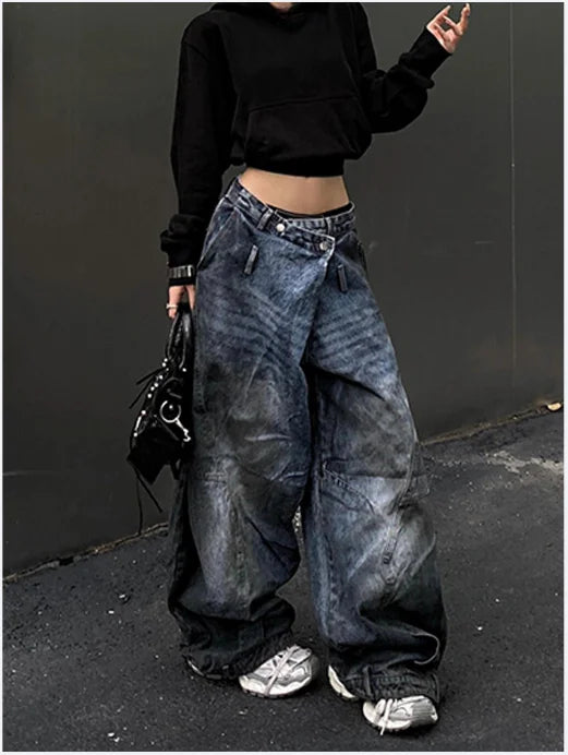 Blue Womens Jeans High Waist Vintage Design Hip Hop Straight Baggy Denim Pants Street Y2K American Style Wide Leg Denim Trouser