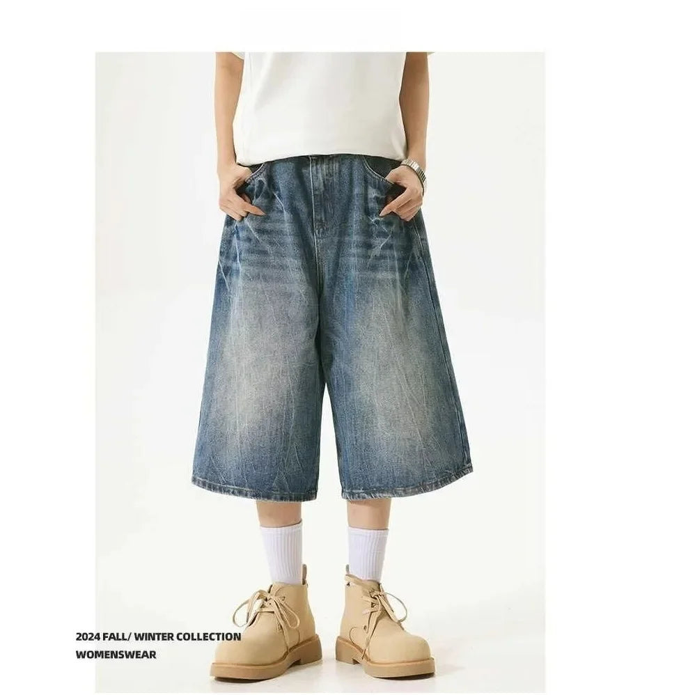 American High Street Lightning Jeans Men's Straight Leg Wide Leg Hip Hop Cool Retro American Seven-Foot Blue Shorts