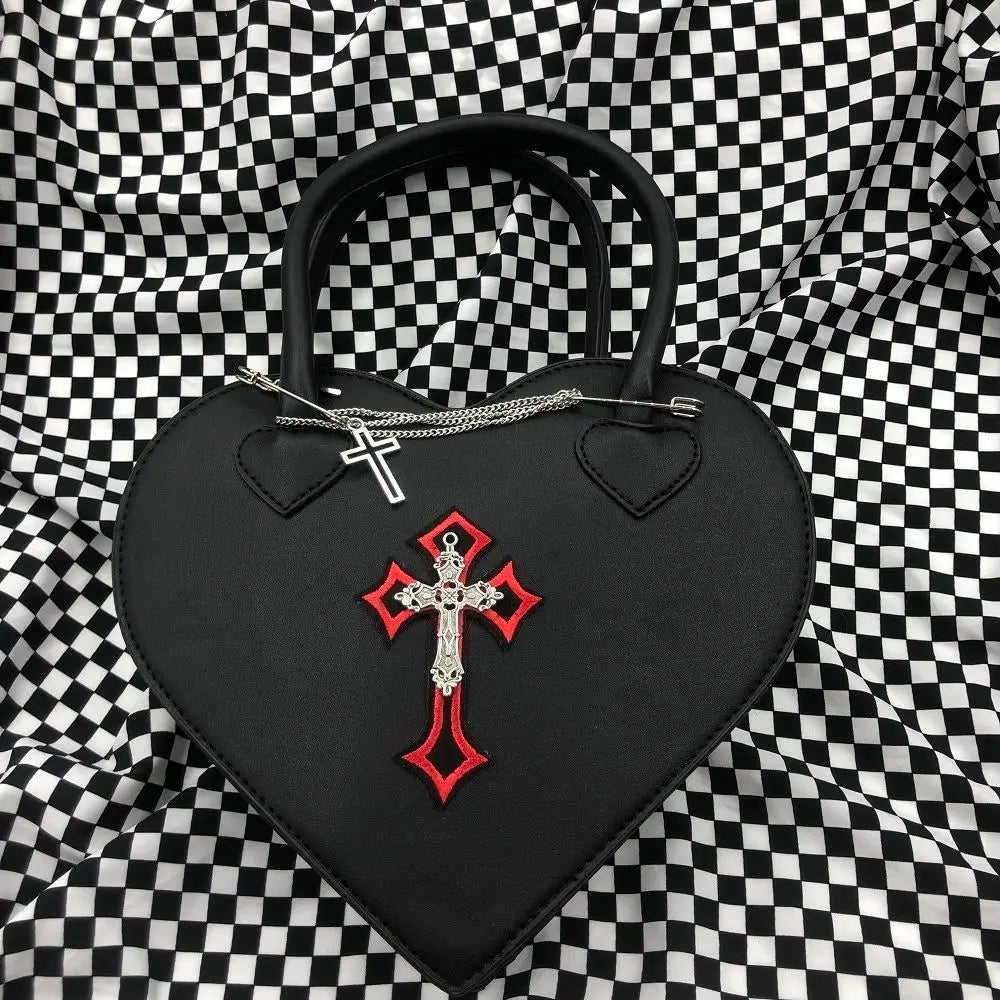 Gothic Style Women's Love Heart Purse Handbags Y2k Hot Girls Punk Shoulder Bag Metal Decoration Female Black Cool Messenger Bags