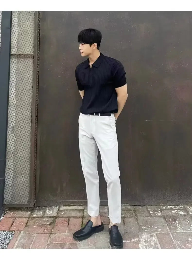 Summer New Light Maturity Knitted Polo Shirt Men's Korean Style Slim Fit Collar Pure Color Casual T-Shirt Cross-Border