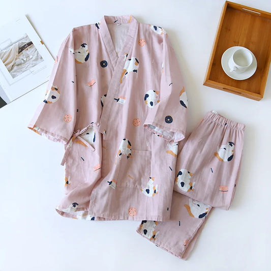 Japanese-style kimono two-piece couple pajamas cover men and women pure cotton gauze cute kitten thin homeware sleepware nighty