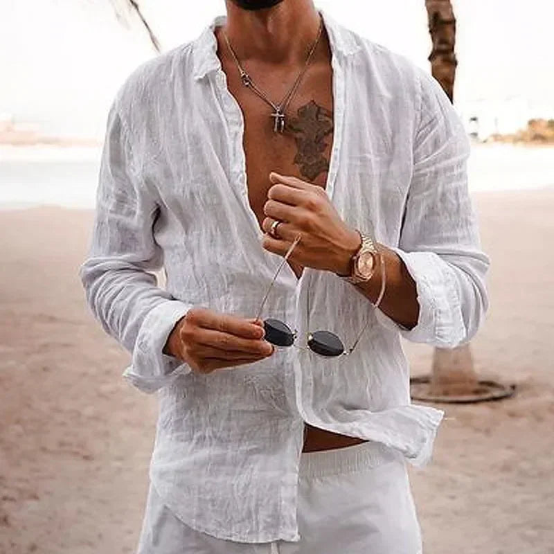 2025 Men's Cotton Linen Shirts Top Simple Laple Solid  Man Shirts Tops Comfortable Loose Casual Holiday Shirts for Men Blouses
