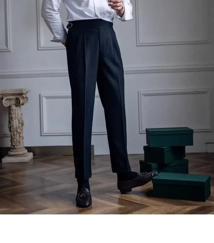 High-waisted Casual Straight-leg Suit Pants For Men Autumn Vintage Draped Waist Trousers Naples Retro Style Business Formal Wear