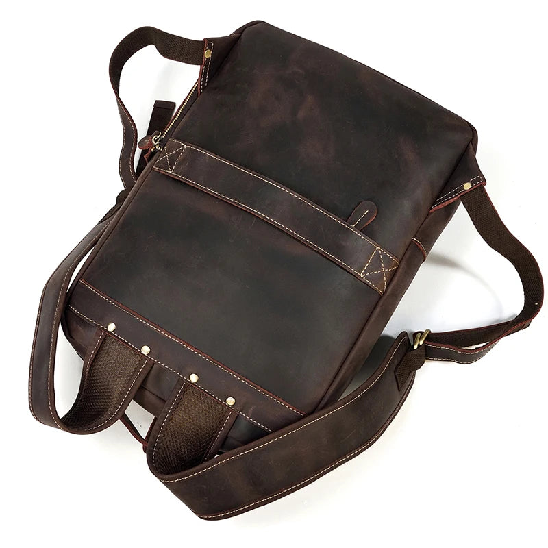 Vintage Travel Backpack leather double zipper bagpack male crazy horse leather backpack handmade leather travel bag men bag