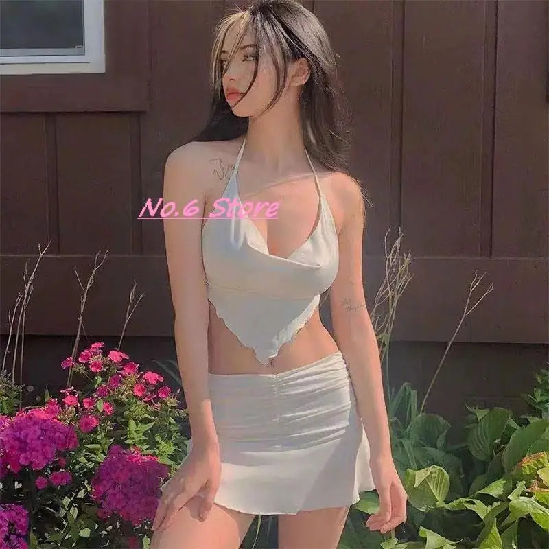 2022 Sexy Two-piece Solid Color Mini Skirt Female Sexy V-neck Crop Top + Elastic Waist Short Skirt Suit Harajuku Y2k Summer Suit